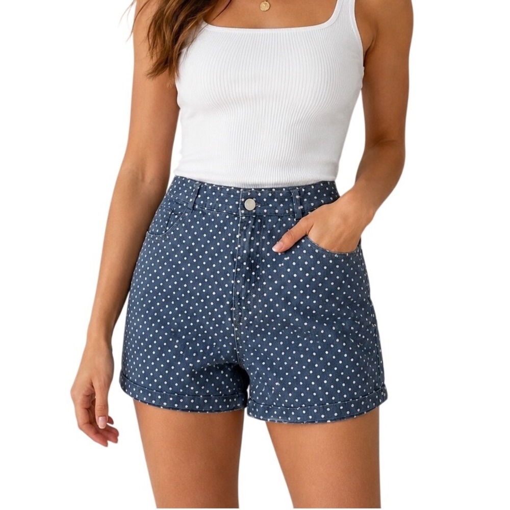 Blue Polka Dot Denim Shorts Womens‎ XL High Waisted Retro Cuffed